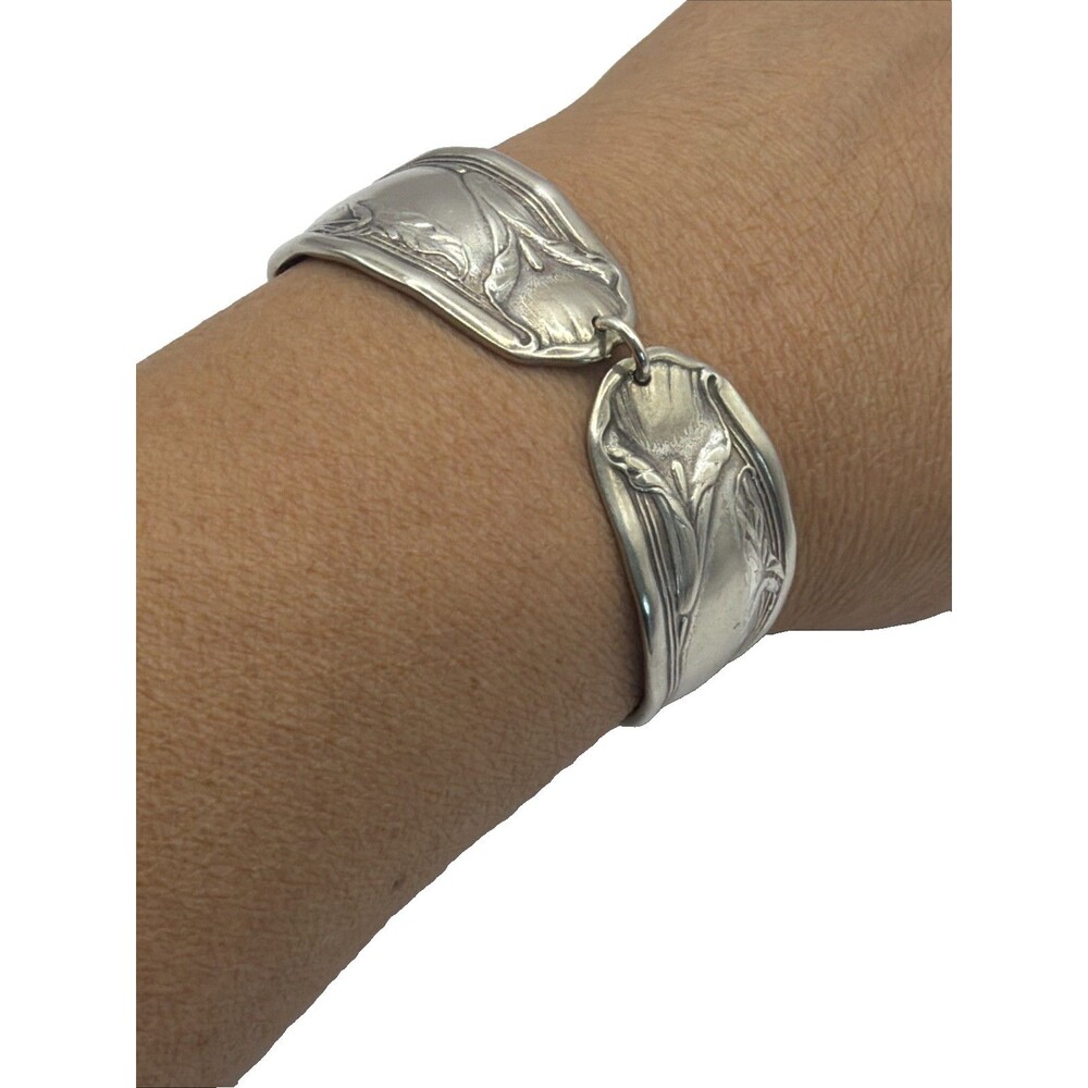 Vintage Silver Flatware Bracelet Floral Art Nouveau Spoon Handle Cuff Calla Lily - Picture 2 of 15